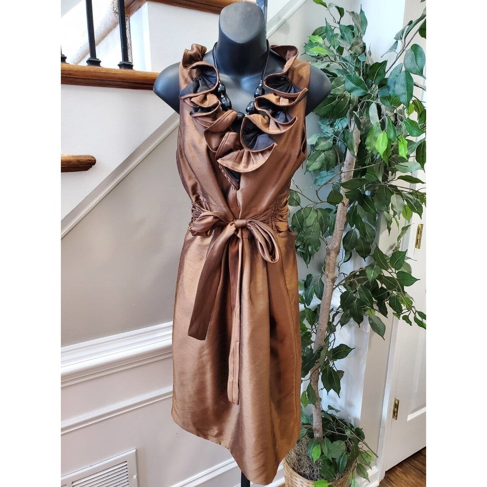 Evan-Picone Women Brown Nylon V-Neck Sleeveless Ruffle Knee Length Dress Size 12